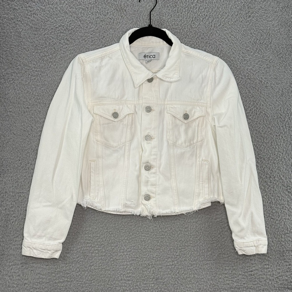 Etica Women's White Jean Jacket Cropped Distressed Sz XS Long Sleeve Buttons
